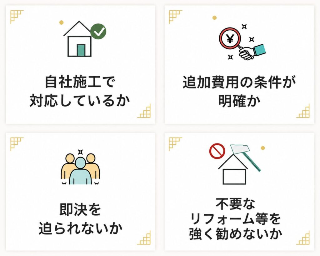 駆除業者選びで確認したい4つの判断基準。自社施工、追加費用の条件、即決なし、不要なリフォーム提案の有無を示した画像。